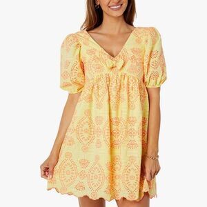 Lilly Pulitzer Sarafina Short Sleeve Eyelet Calla Yellow Gingham US 00 MSRP $258